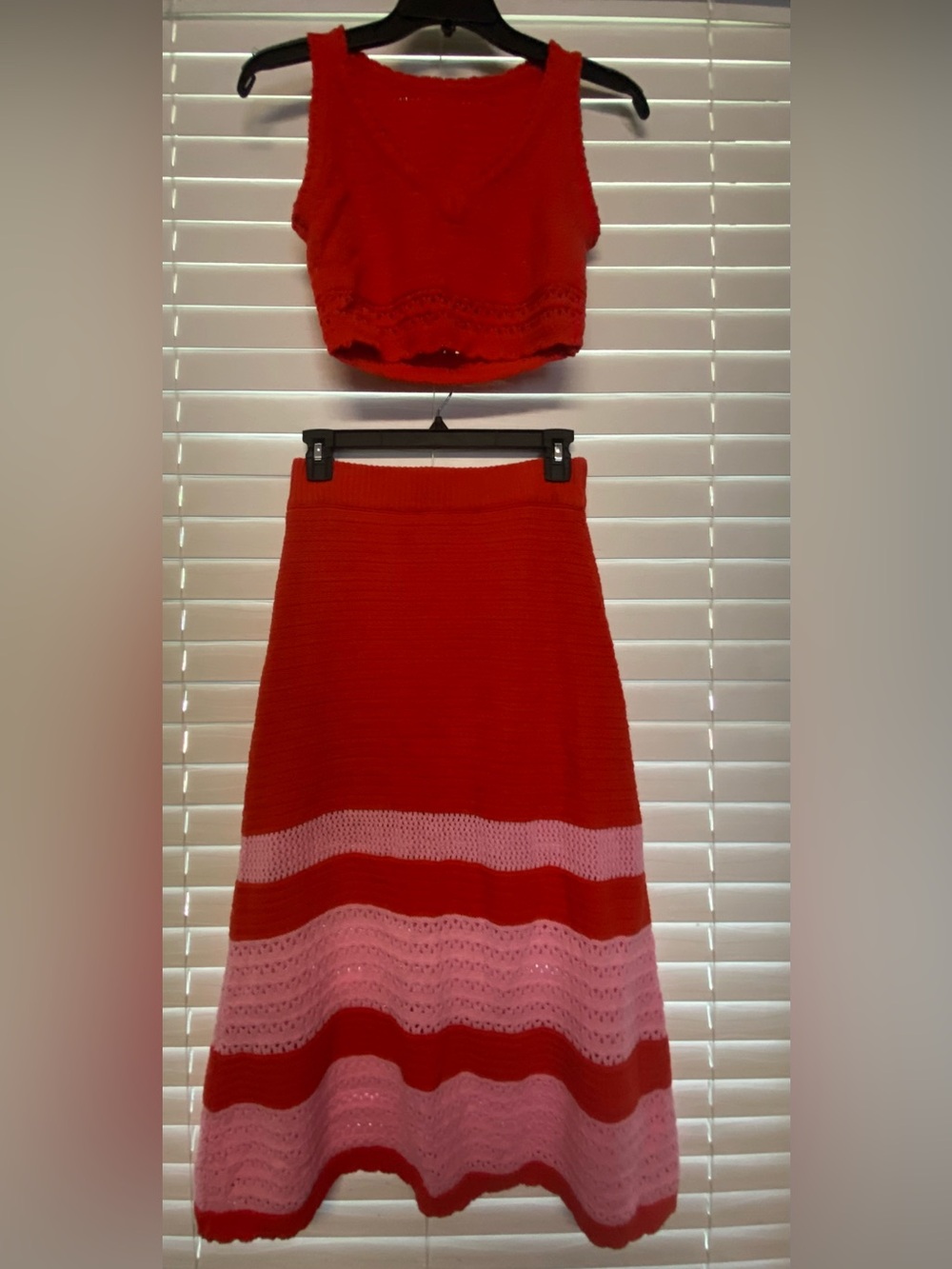 Red and Pink Knit Midi Skirt and Crop Top by Scoop